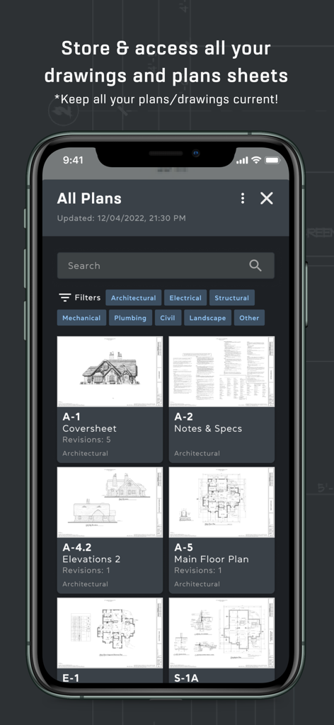 ProPlans construction app interface showing a list of digital architectural plans and drawings on an iPhone
