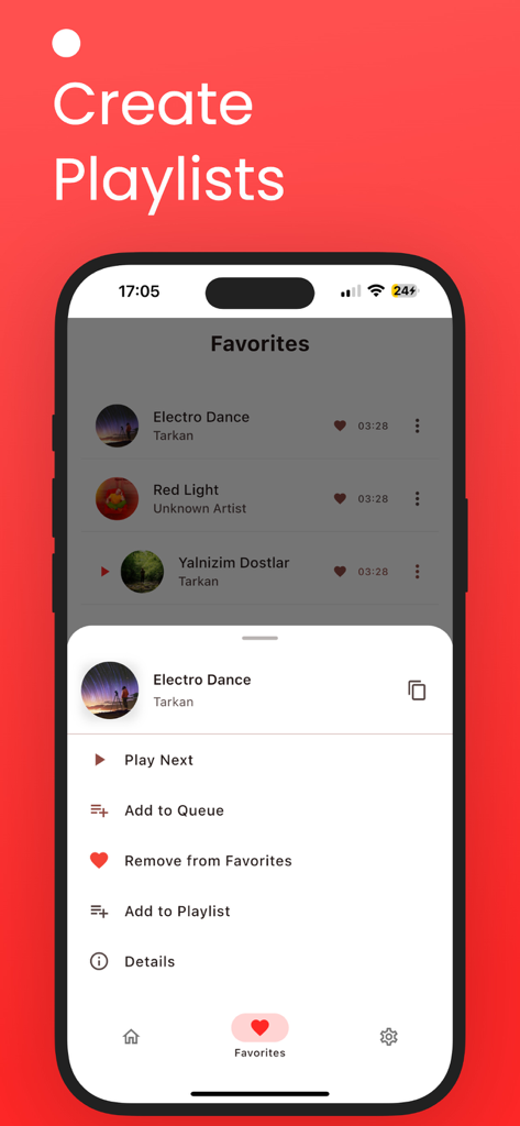 Singfy Music - Music Player - Singfy Music app interface showing a list of favorite songs and a menu with options to add to playlists or view track details.