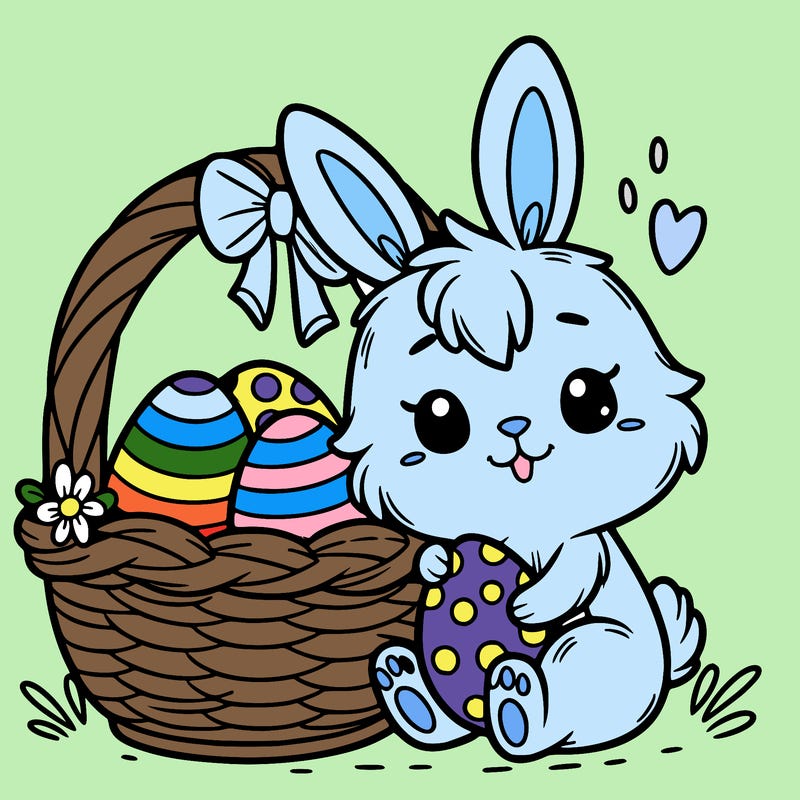 cute easter bunny in a basket with easter eggs