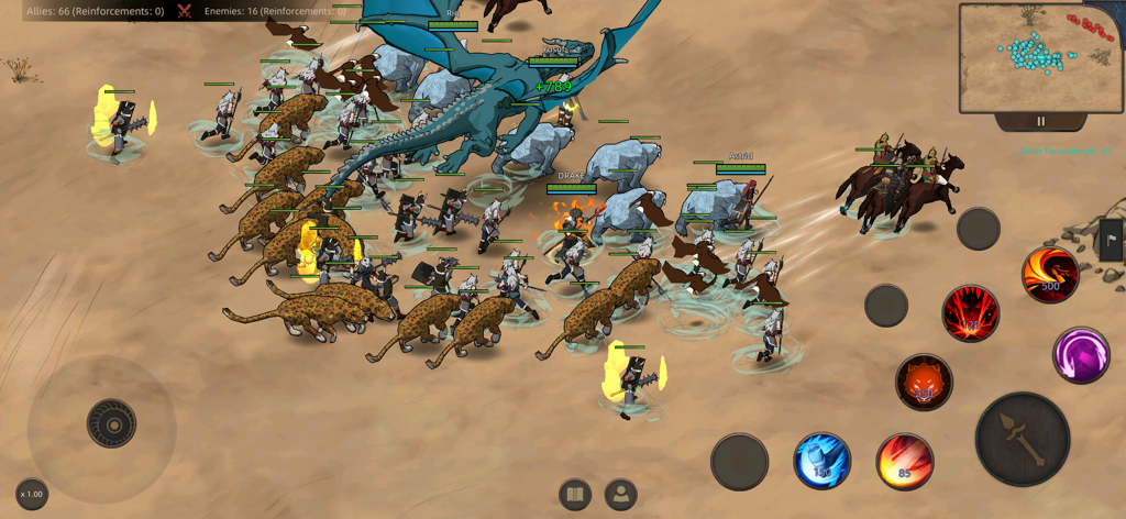 Sands of Salzaar - A tactical real-time battle in the desert featuring a dragon and various army units in Sands of Salzaar.