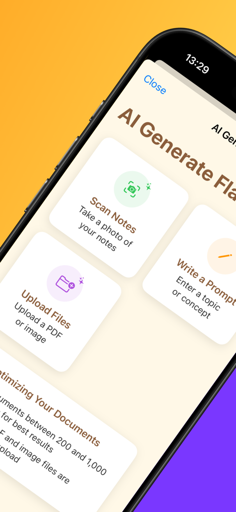 MemoCards: AI flashcards - AI generation screen with options to scan notes, upload files, or write a prompt to create flashcards.
