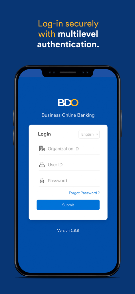 BDO Business app login screen showing fields for organization ID, user ID, and password with multilevel authentication.