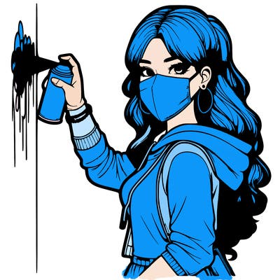 realistic girl with mask spray painting a wall