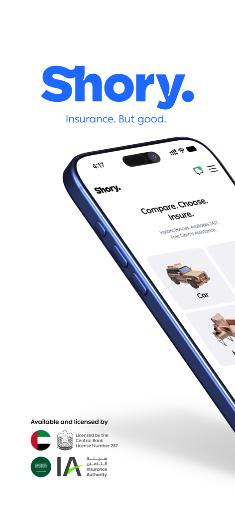 Shory Insurance | شوري - Aplicación móvil Shory Insurance mostrando opciones de seguro de coche y funciones de póliza instantánea