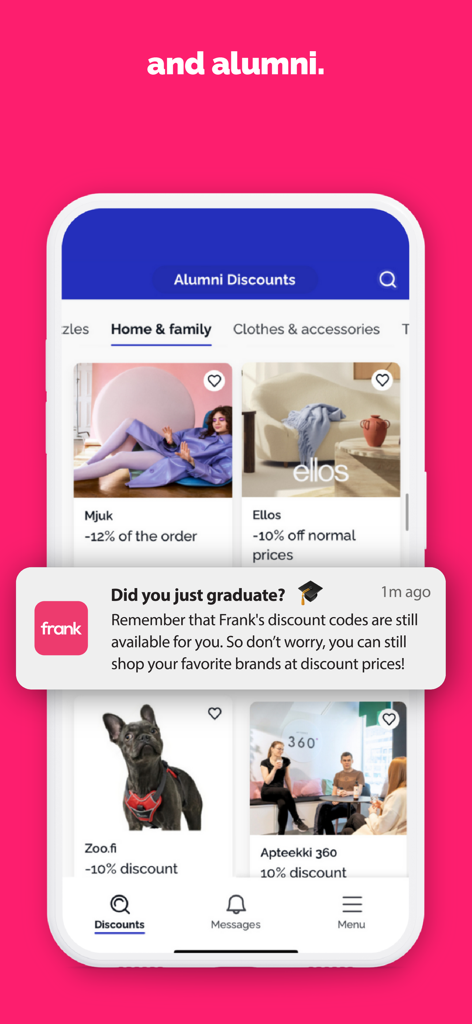 Frank App - 졸업생 할인 및 최근 졸업생을 위한 지속적인 혜택 제공 알림을 보여주는 Frank 앱 인터페이스