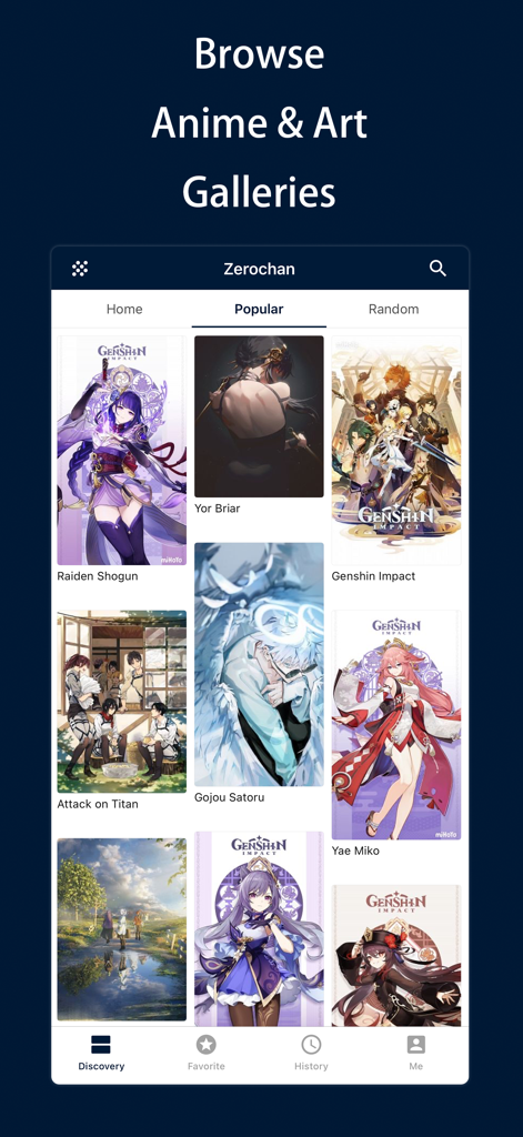 Yealico - Eine mobile App-Oberfläche, die ein Raster von Anime-Charakter-Kunst von Zerochan mit beliebten Tabs und Navigationsfunktionen zur Entdeckung anzeigt