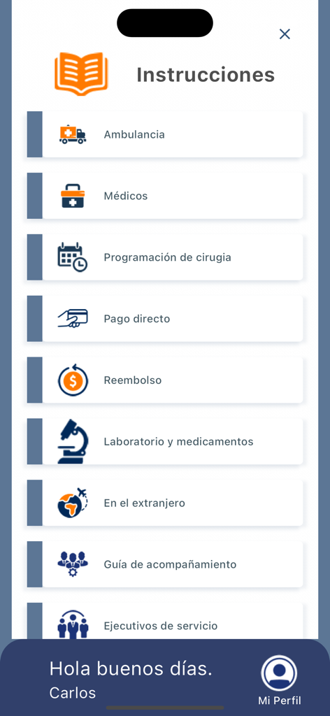 CRB GMM V2 - Instructions screen for CRB GMM V2 insurance app displaying medical services in Spanish