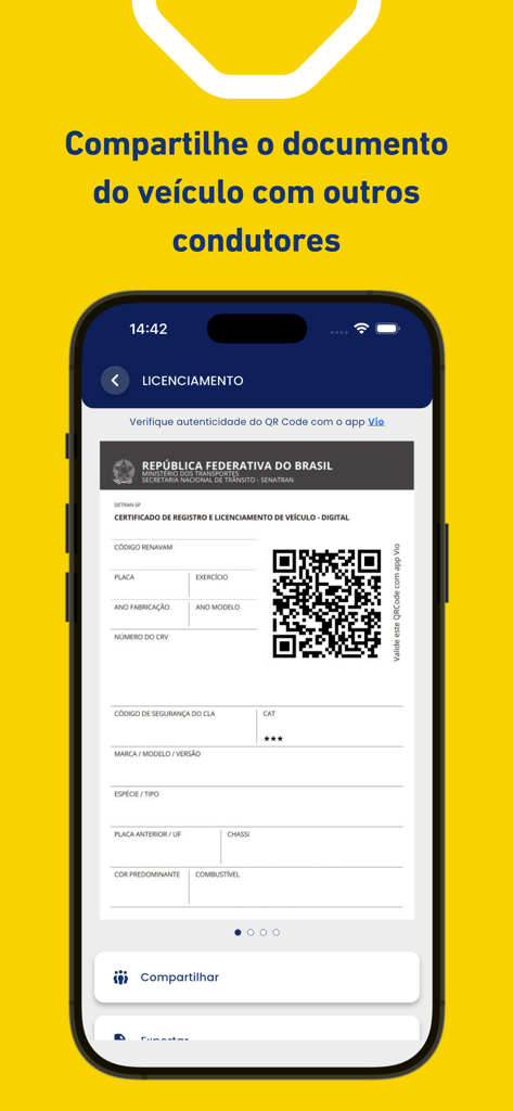 Certificato di registrazione del veicolo digitale sullo schermo dell'app CNH do Brasil