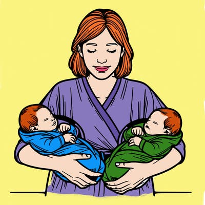 a lady holding twin newborns realistic