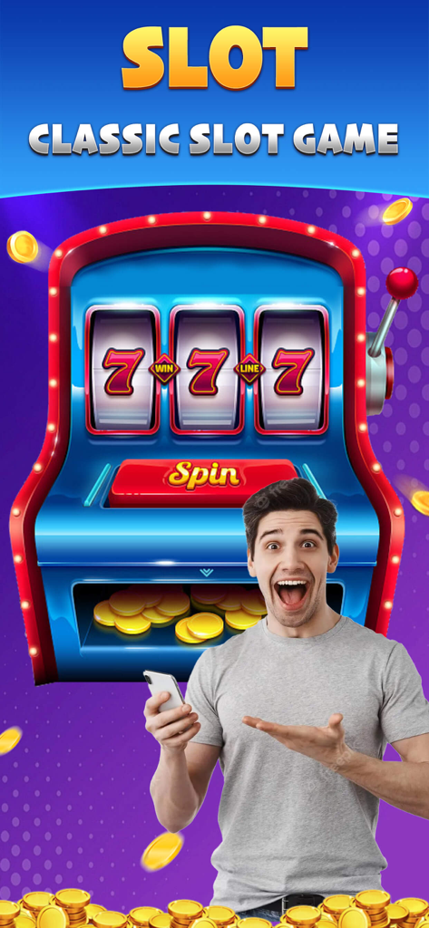 A man celebrating a triple seven win on a classic slot machine in the Bingo Rico app