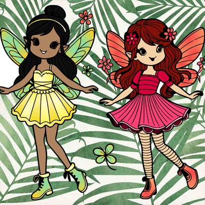 two fairies, one standing and one flying
