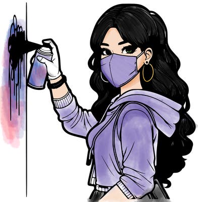 realistic girl with mask spray painting a wall