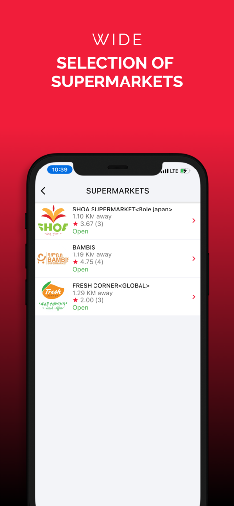 Mobile app screen showing a list of local supermarkets with distance and ratings on ZMall Delivery