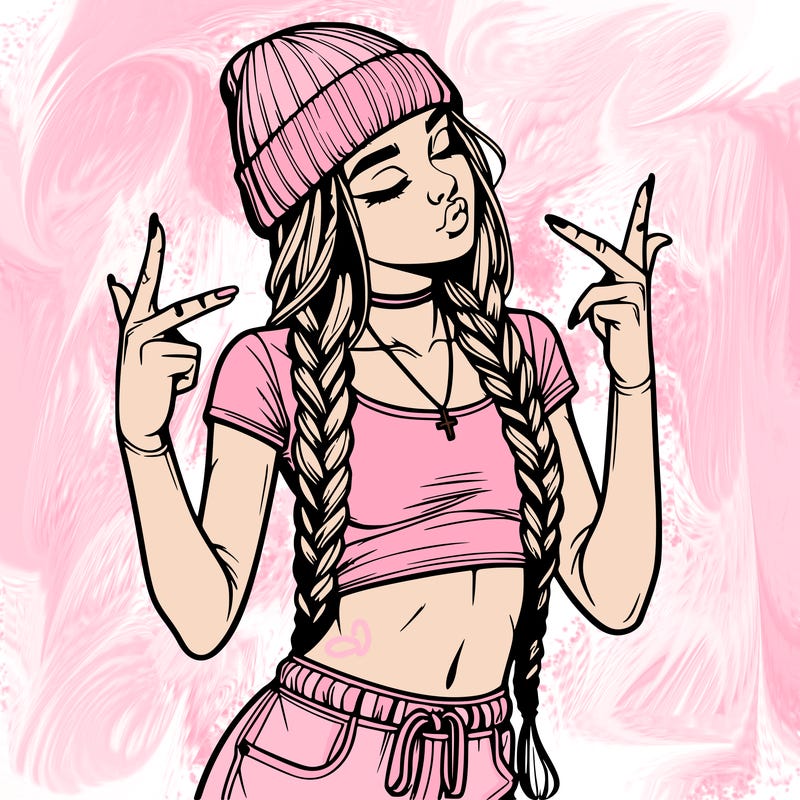 realistic teenage girl with braids and a beanie and crop top doing 🫶🏼