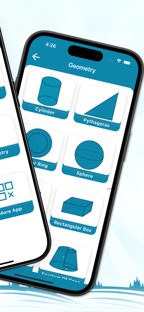 Aplicativo Calculadora de Topografia exibindo um menu de ferramentas de geometria, incluindo cilindro, Pitágoras, esfera e caixa retangular