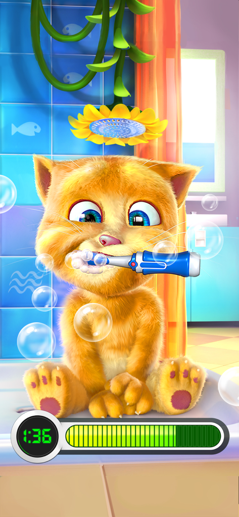 Chat roux parlant se brossant les dents avec des bulles et un minuteur de progression