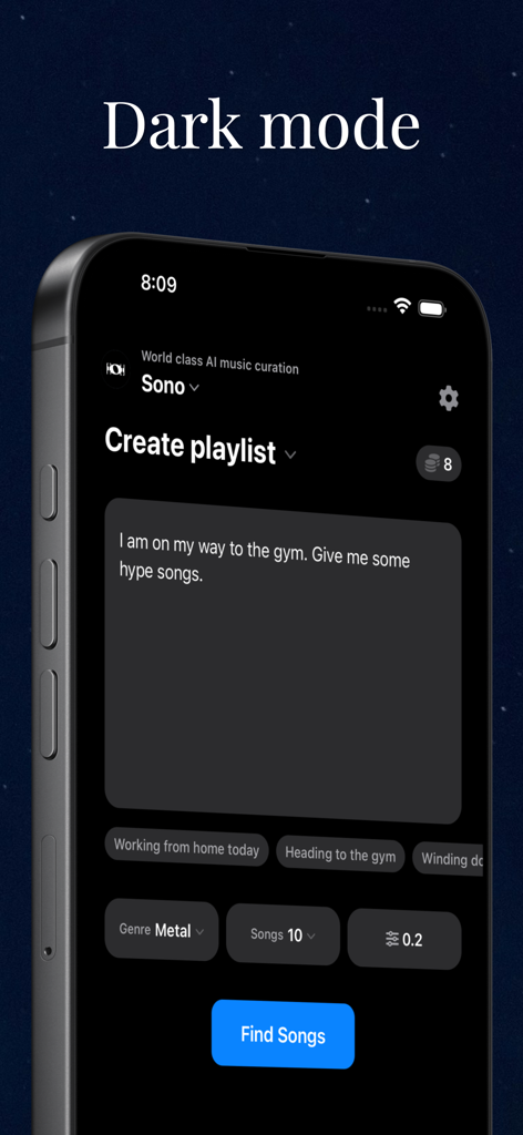 Une capture d'écran de l'interface de l'application sono AI en mode sombre montrant une invite de playlist musicale pour la salle de sport.