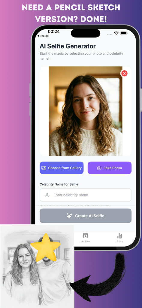 Oberfläche der KI-Selfie-mit-Prominenten-App, die den Prozess der Erstellung eines Fotos im Bleistiftskizzen-Stil mit einem Prominenten zeigt.