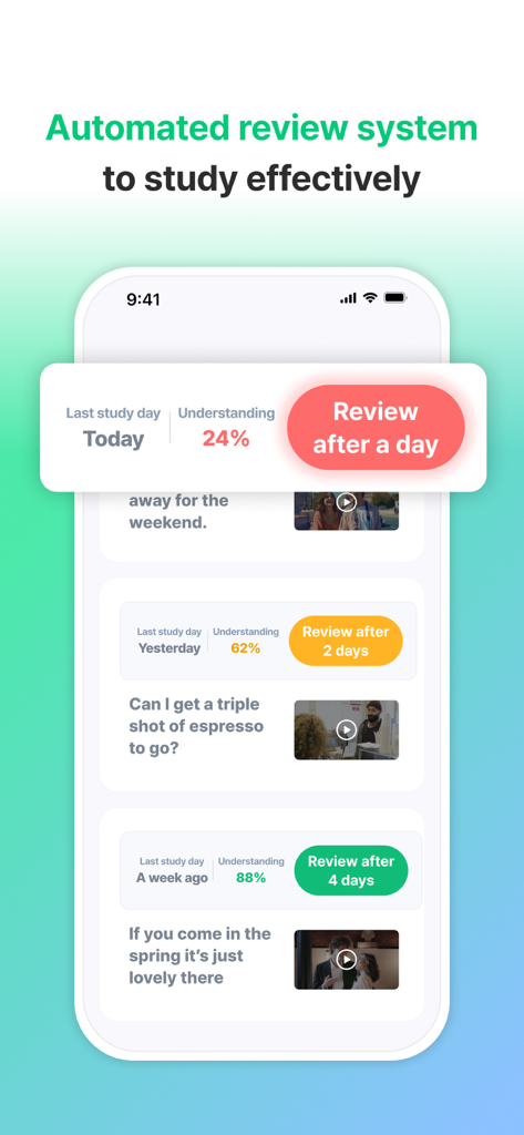 Mobile interface of the Plang app showing the automated review system with spaced repetition study schedules.