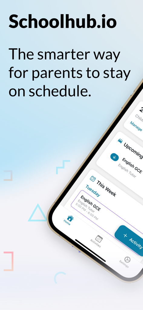 Schoolhub.io - Screenshot of the Schoolhub.io app showing a weekly schedule for student activities and English tutoring sessions