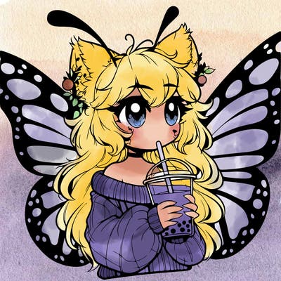 a realistic butterfly/furry girl drinking boba