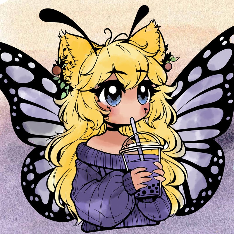 a realistic butterfly/furry girl drinking boba