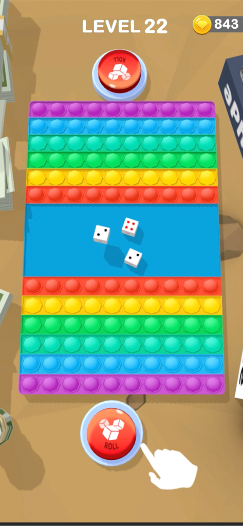 Couple Life 3D gameplay showing a pop-it board with dice rolling at Level 22