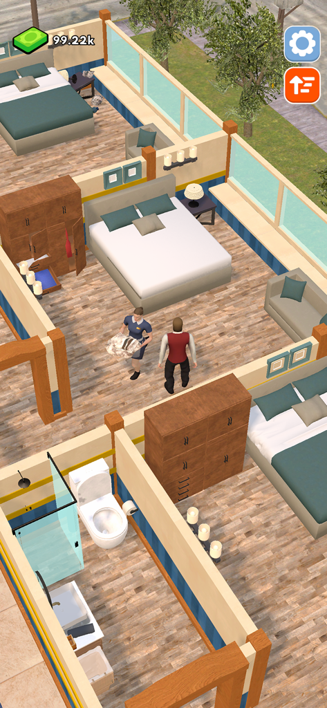 Hotel Manager: Resort Empire - Gameplay view of staff members managing and cleaning luxury guest rooms in Hotel Manager Resort Empire