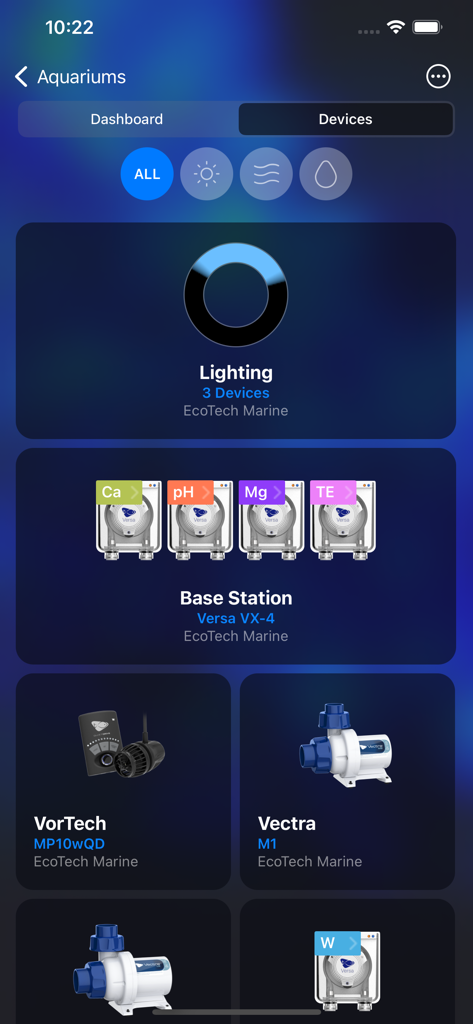 Mobius - Interface do aplicativo Mobius exibindo uma lista de dispositivos EcoTech Marine conectados, incluindo iluminação, bombas de dosagem e bombas de fluxo