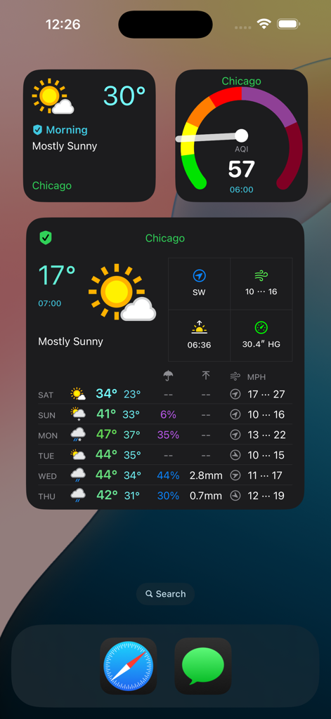 Weather Gods - A collection of Weather Gods widgets on an iPhone home screen displaying the current temperature, air quality index, and a detailed multi-day forecast for Chicago.