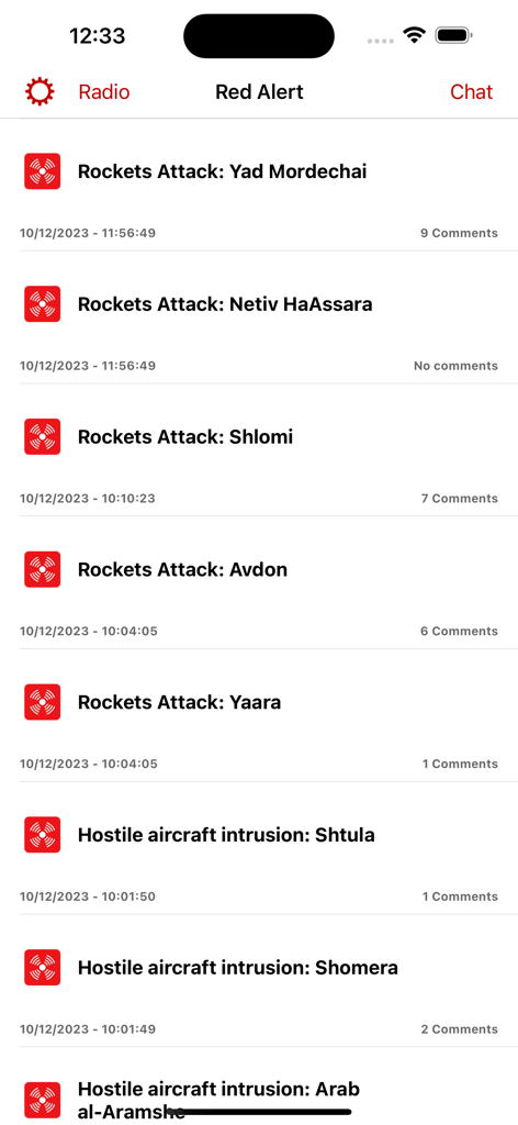 A list of real-time security alerts for rocket attacks and aircraft intrusions in Israel displayed on a mobile app interface