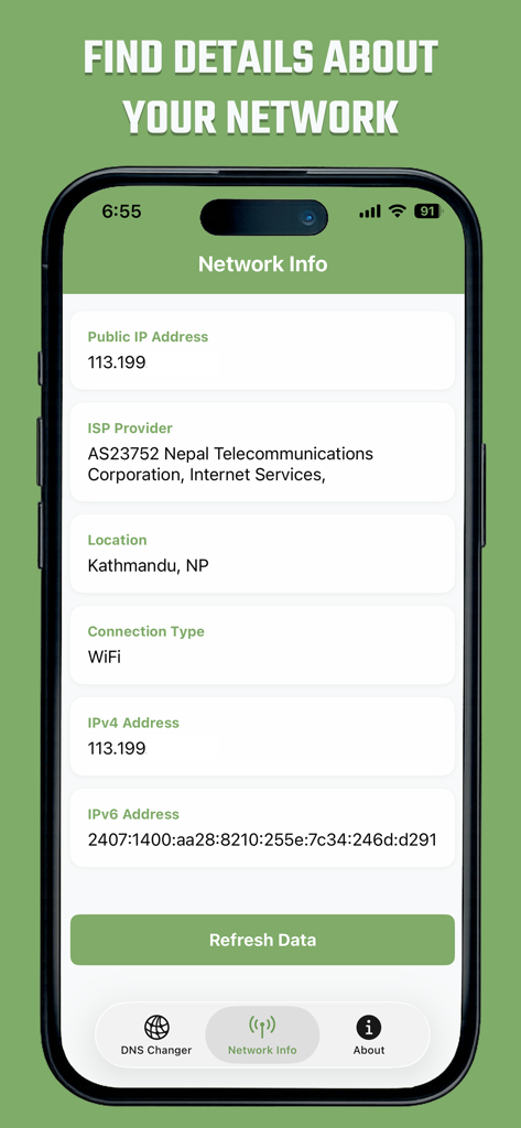 Custom DNS Changer IPV4 & IPV6 - Mobile app interface showing network information including public IP address ISP provider location and connection type for IPv4 and IPv6
