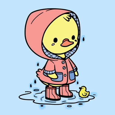 baby duck in a rain coat and boots, in a puddle while it’s raining