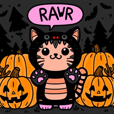 cat with a scary costume saying rawr with pumpkins in the backround with halloween trees scary