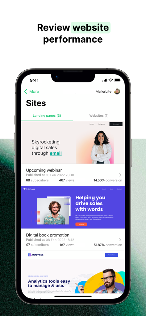 MailerLite Manager - MailerLite Manager app interface displaying performance metrics and conversion rates for landing pages and websites on an iPhone.