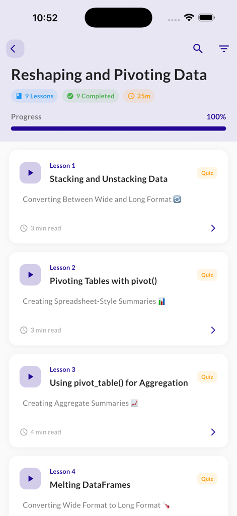 Learn Pandas - Python Data - Course module screen for Reshaping and Pivoting Data showing a list of lessons including stacking, pivoting tables, and melting dataframes.