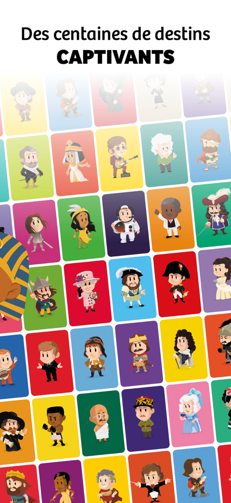 A colorful grid of famous historical figures in a clean modern illustration style from the Quelle Histoire app