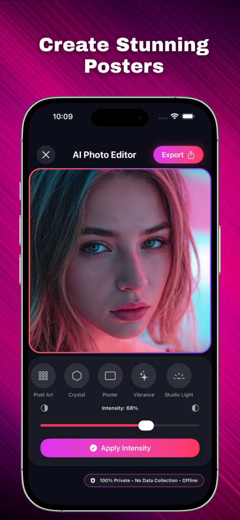 AI PHOTO EDITOR++++ - Interfaz de la aplicación AI Photo Editor mostrando un filtro de póster en un retrato con funciones sin conexión y de privacidad