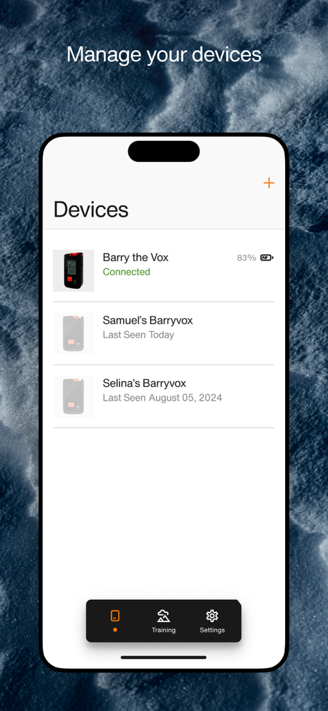 Barryvox® Mammut - Mammut Barryvox app screen showing a list of connected avalanche transceiver devices with battery status