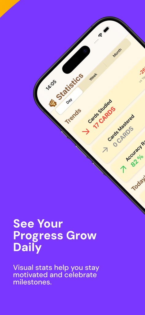 MemoCards: AI flashcards - MemoCards app screen showing study statistics including cards studied and accuracy rate tracking
