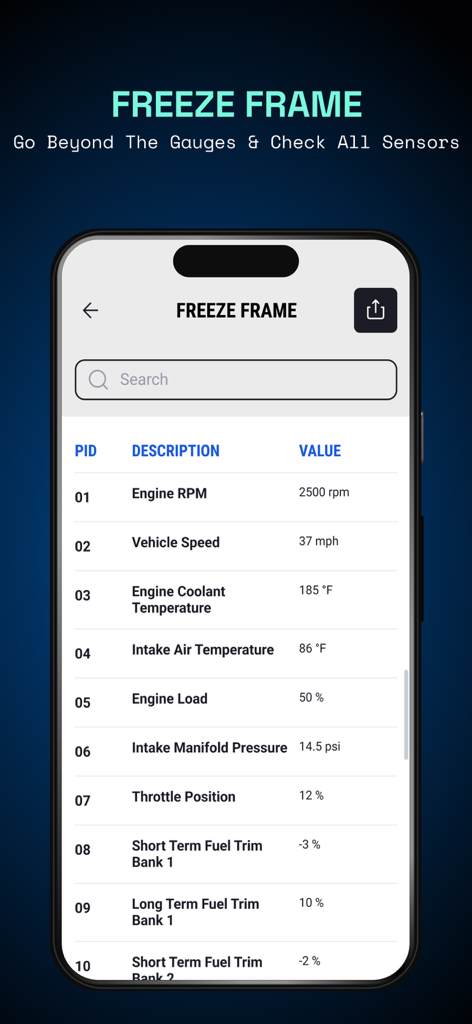 OBD2 Scanner: Torque ELM 327 - Mobile app screen showing freeze frame diagnostic data including engine RPM and coolant temperature