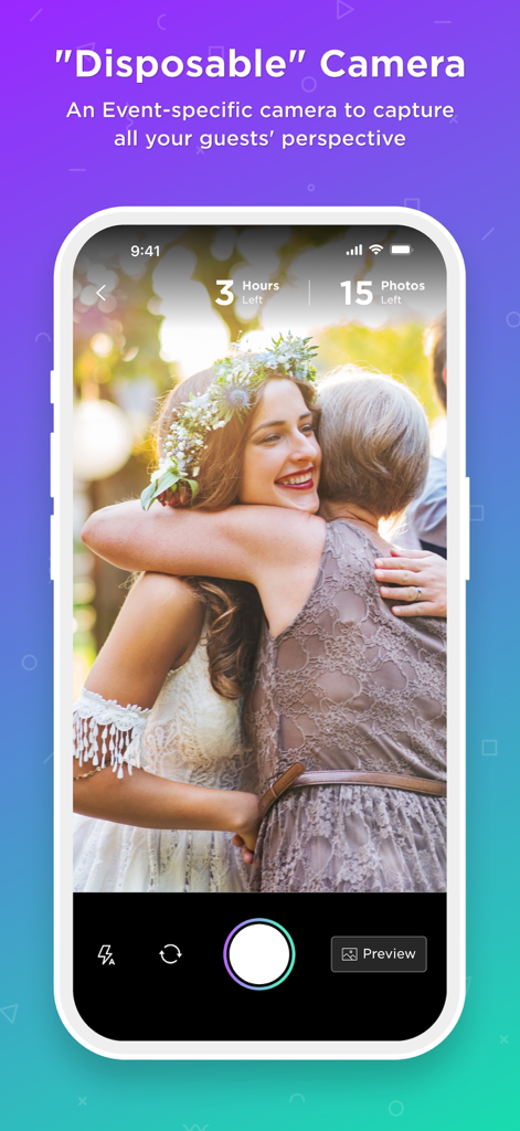 Interfaccia dell'app Hobnob che mostra la funzione fotocamera usa e getta utilizzata per catturare foto degli invitati all'evento