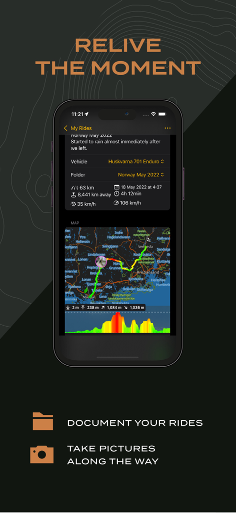 Smartphone screen showing a motorcycle ride summary with map route and elevation profile