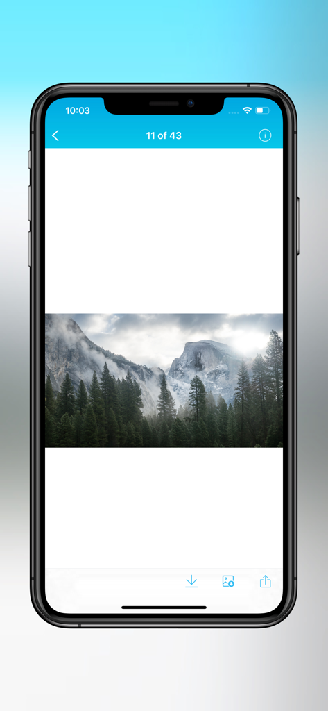 The ezShare Lite plus app displaying a mountain landscape photo on an iPhone