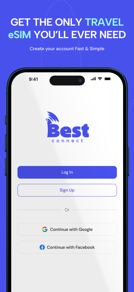 Best Connect eSIM - Best Connect eSIM mobile app login and signup screen for global travel connectivity