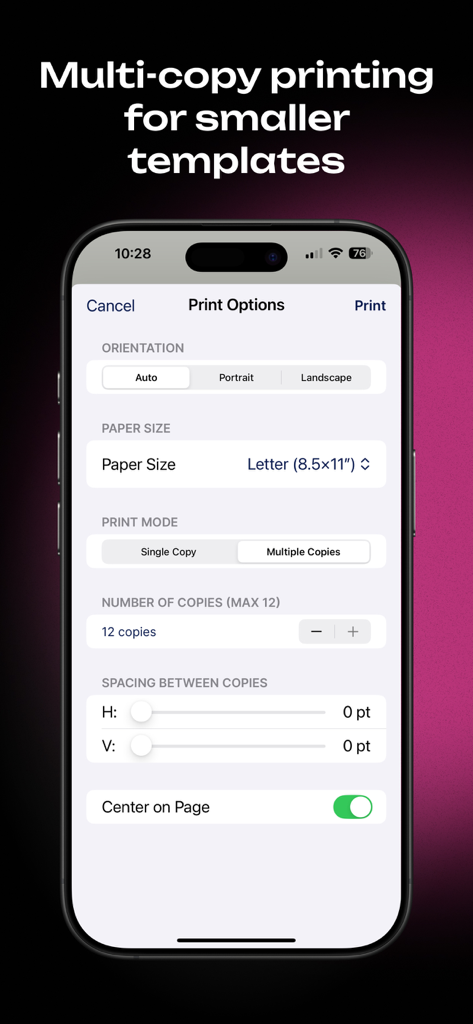 SubPrinta - Sublimation Design - Interfaz de la aplicación SubPrinta que muestra opciones de impresión de copias múltiples para plantillas de sublimación