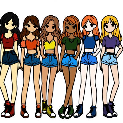 a group of girls wearing crop tops and shorts