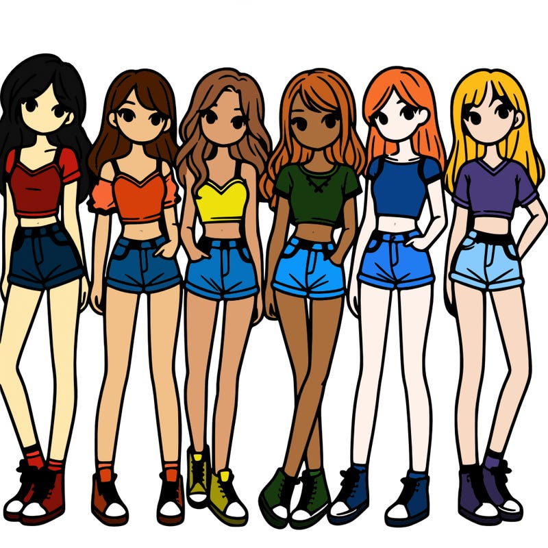 a group of girls wearing crop tops and shorts