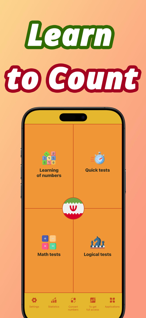 Main menu of the Numbers in Persian language app showing options for learning numbers, quick tests, math tests, and logical tests.