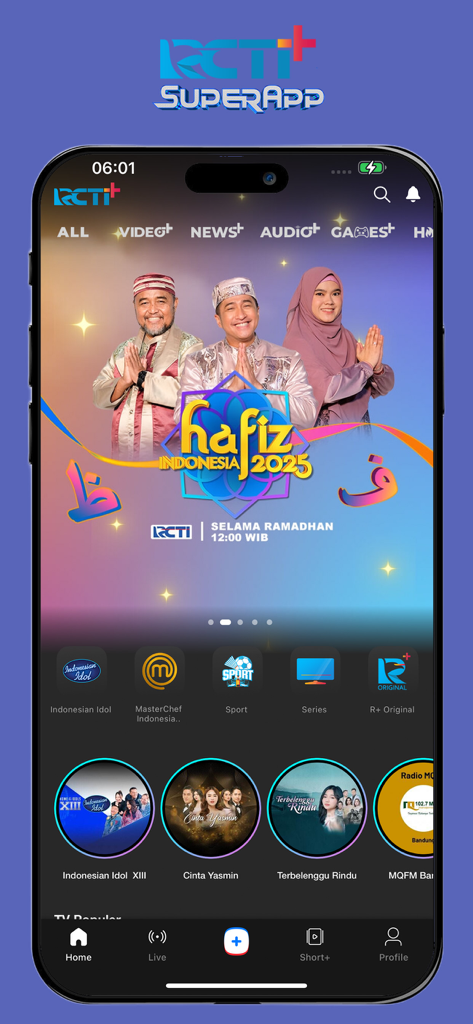 RCTI+ Superapp - Home screen of the RCTI Plus Superapp displaying Indonesian TV shows and entertainment categories